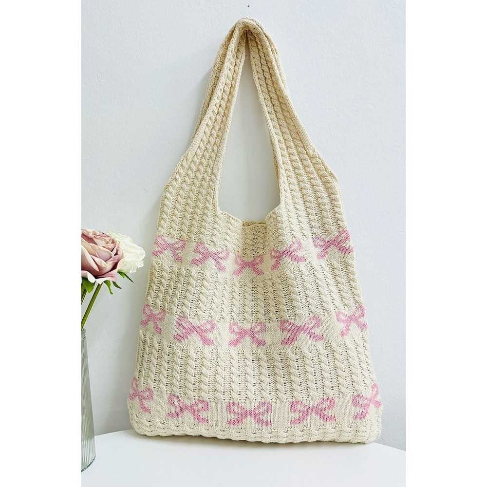 NEW Zenana Cream Pink Bow Knit Tote Bag Coquette Cottagecore Boutique - Picture 2 of 4